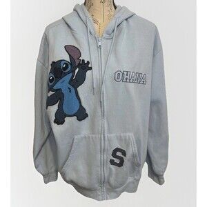 Disney Stitch Ohana Light Blue Zip Up Hoodie XXL Chenille Patch S Logo Stitch